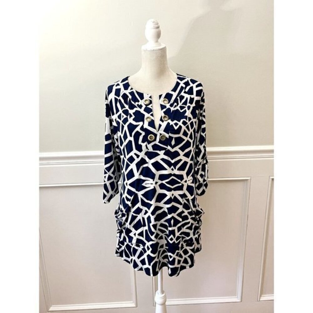 St. Tropez West Blue & White Print Beach Dress Coverup S